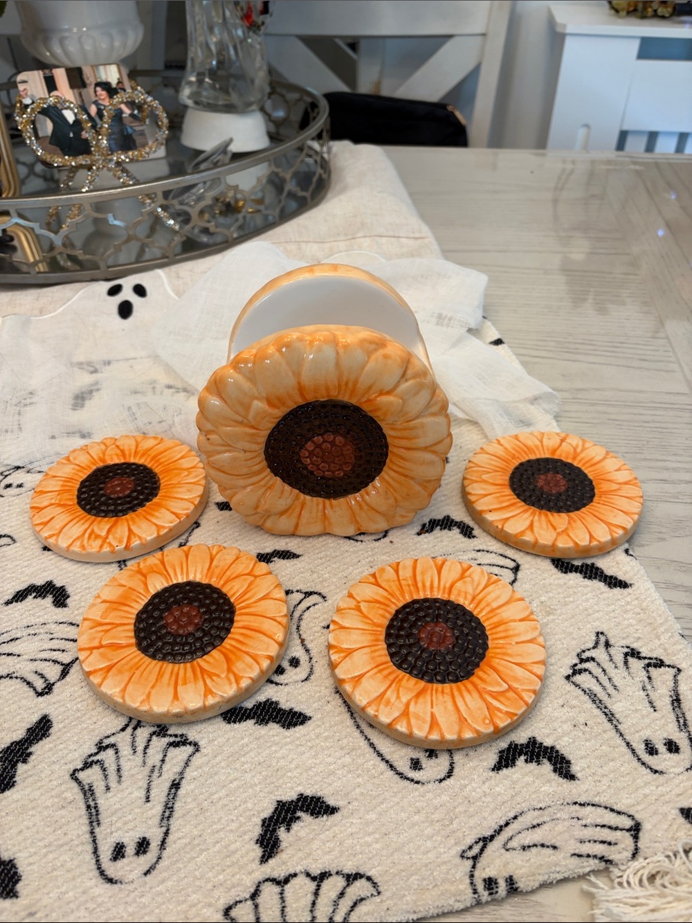 Sunflower Ceramic Coaster Set – Orange Sunflower Design